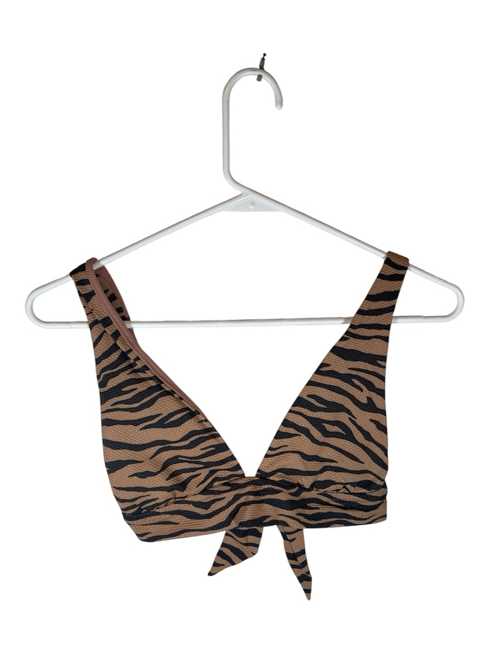 Aerie Pique Tiger Stripe Tie Front Longline Triangle Bikini Top Black / Brown